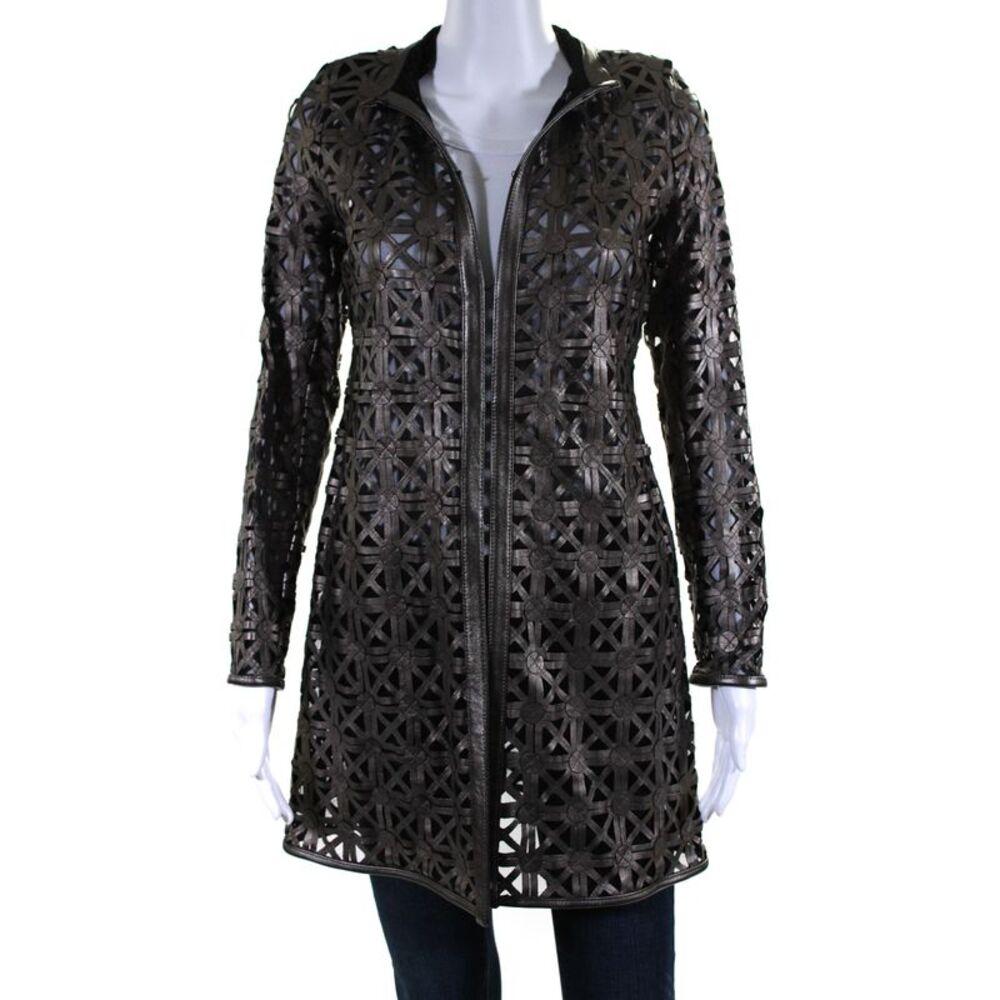 In Transit Womens Laser Cut Metallic Mesh Leather Jacket Brown Black Size XL